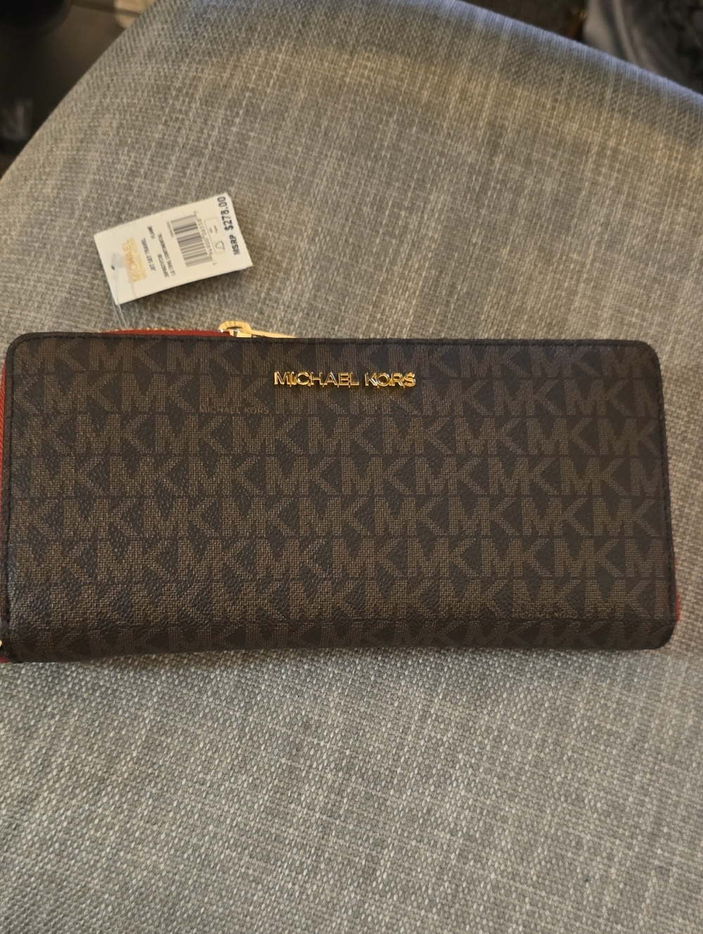 Michael Kors Brown MK Monogram Zip Wallet with Gold Hardware
